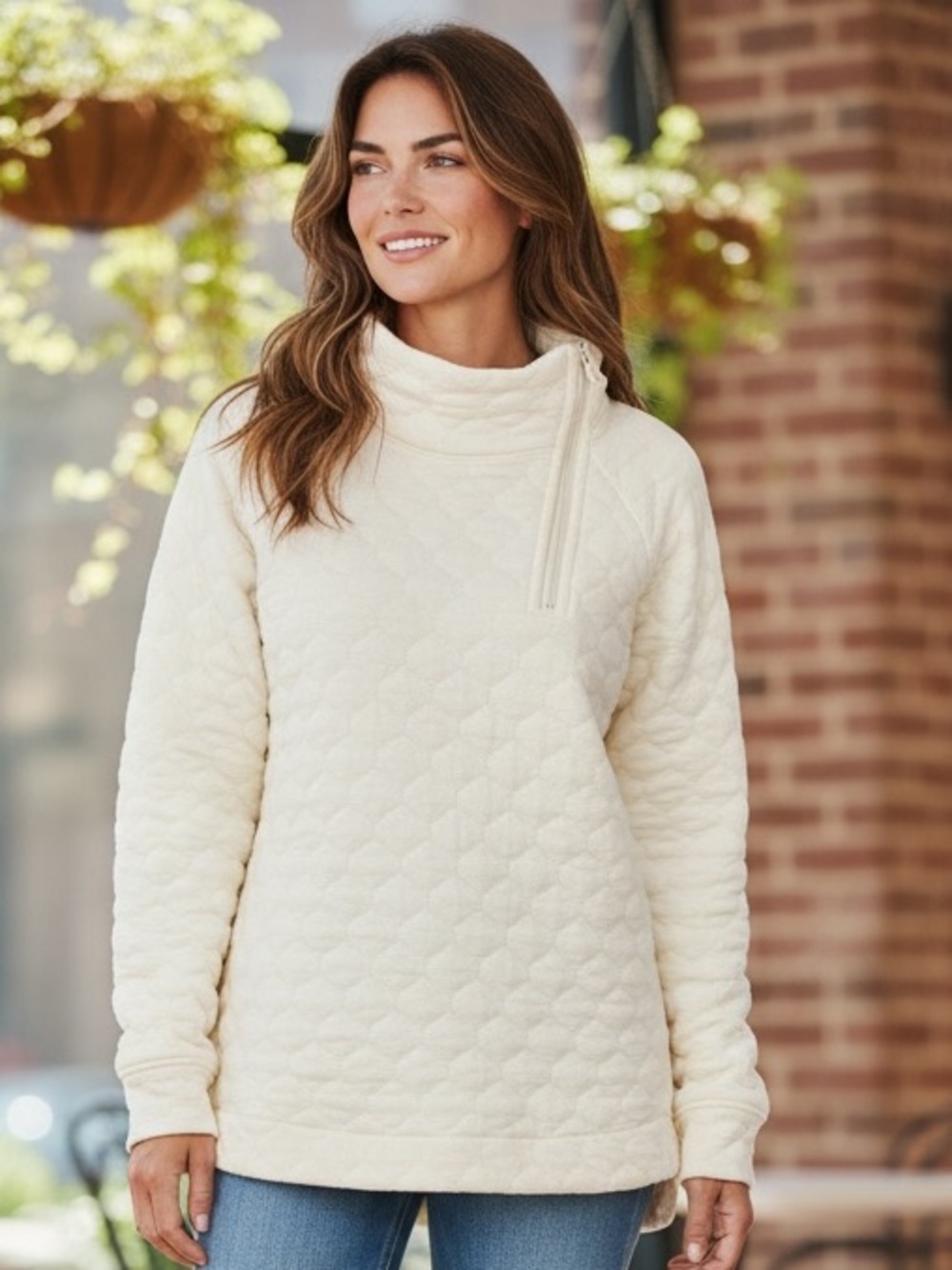 T by Talbots Asymmetrical Zip Quilted Pullover Jacket Size S Winter White Cozy